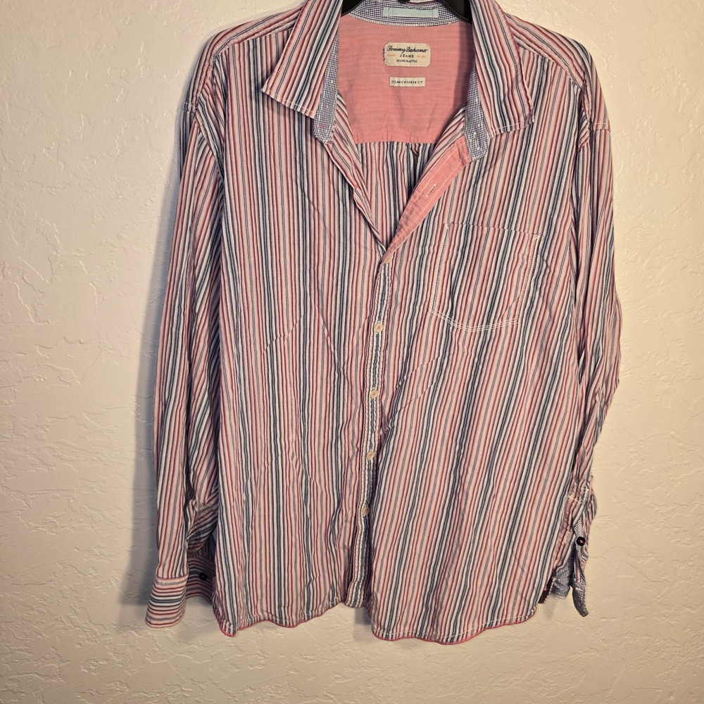 Tommy Bahama Jeans Shirt XL Mens Pink Blue Striped Island Modern Fit Long Sleeve